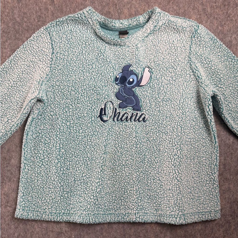 Disney Sweater Womens XL 16-18 Aqua Faux Fur Fleece Lilo & Stitch Ohana Pullover
